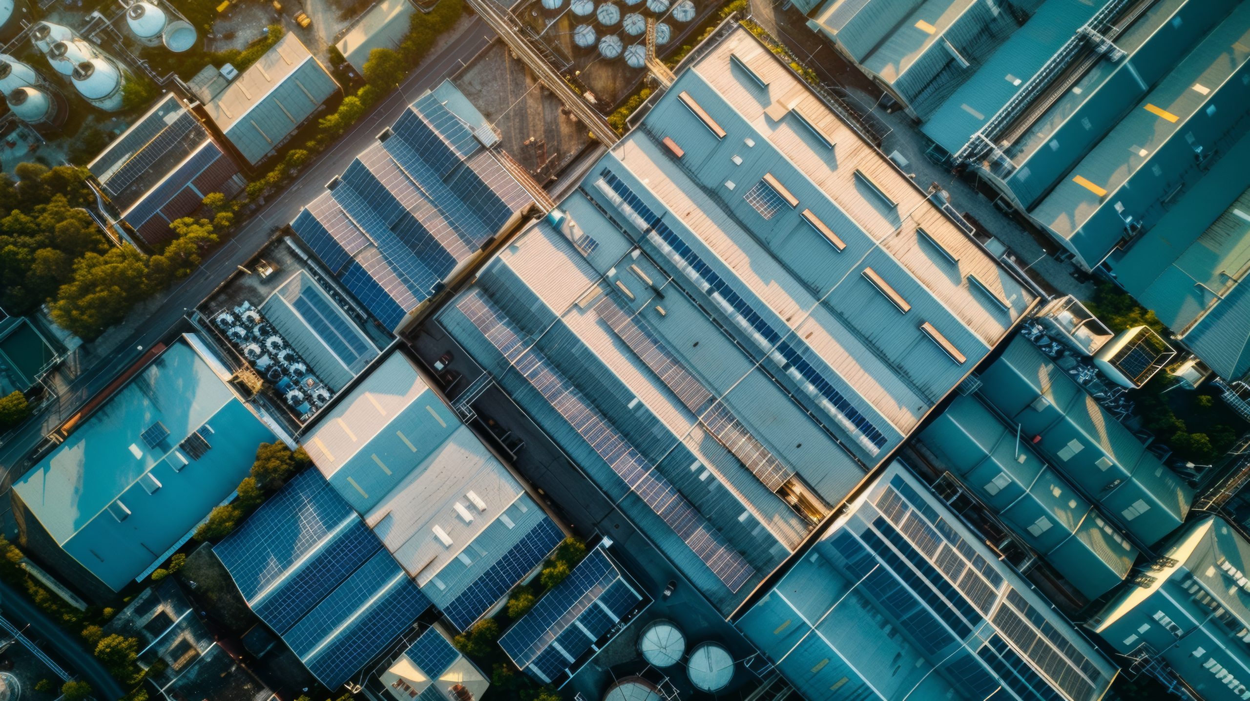 Aerial view of a solar-powered industrial site, highlighting its minimal environmental impact
